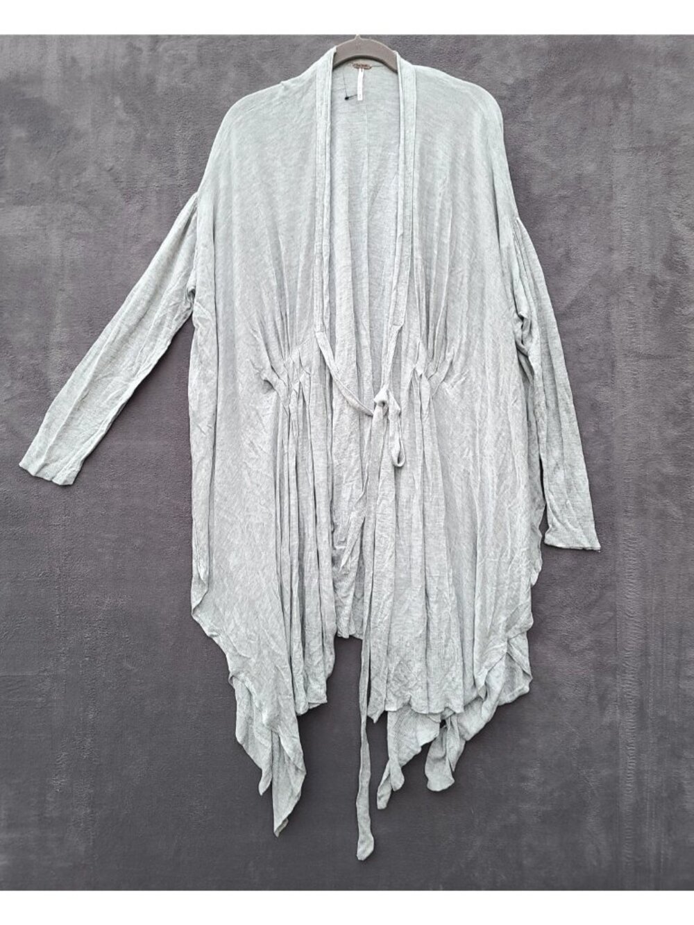 Free People Pleated Tie Front Cardigan LS Sweater S Gray Boho Soft Airy NWOT - Picture 3 of 13